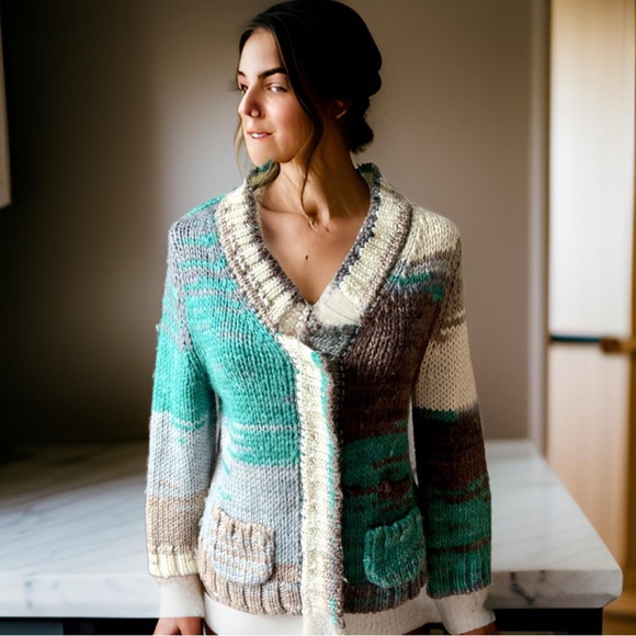 Anthropologie Shae Sweaters - Anthropologie SHAE Teal, Gray & White Cardigan Sweater | Size M